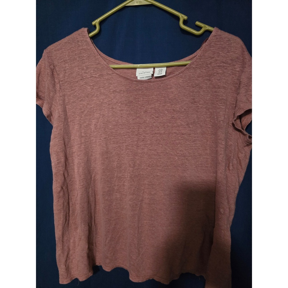 Halston Womens Medium Pink 100% Linen Scoop Neck Short Sleeve T-Shirt Top